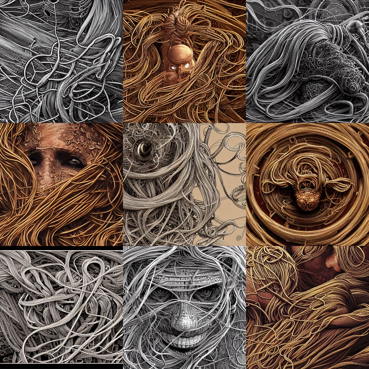Prompt: very detailed spaghetti monster, intricate, detail, 4k, cgsociety, awesome, drawing