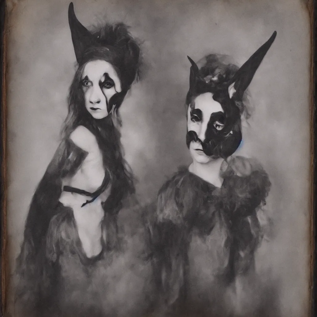 Prompt: tintype of a girl with black goat mask, hyperrealistic, detailed