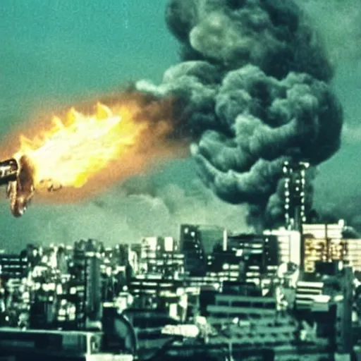 Image similar to 2 0 0 foot tall evil ronald mcdonald breathing fire and attacking tokyo, movie still, toho style