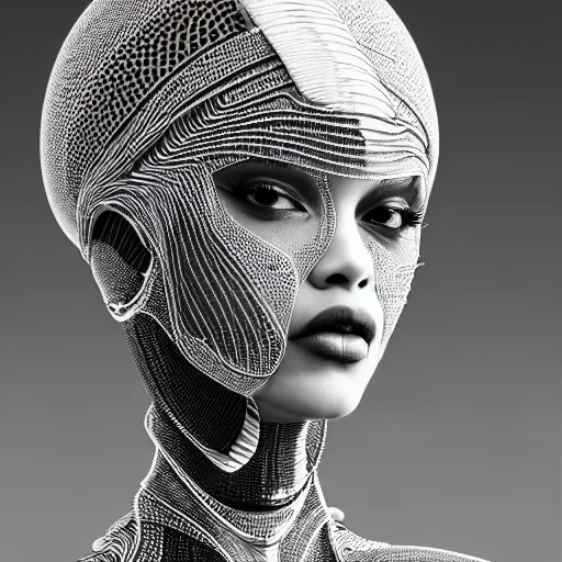 Image similar to portrait of an absurdly beautiful, graceful, sophisticated, fashionable black cyberpunk mechanoid gravure idol, ultrafine hyperdetailed illustration by irakli nadar, matt wisniewski style, marvel comics, intricate linework, ebony skin, neon jellyfish headdress, ivory carved ruff, unreal engine 5 highly rendered, global illumination, radiant light, detailed and intricate environment