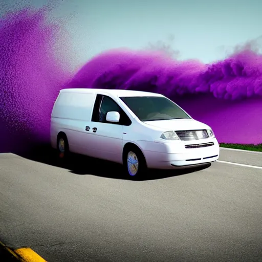 Image similar to white minivan driving away from a purple tornado