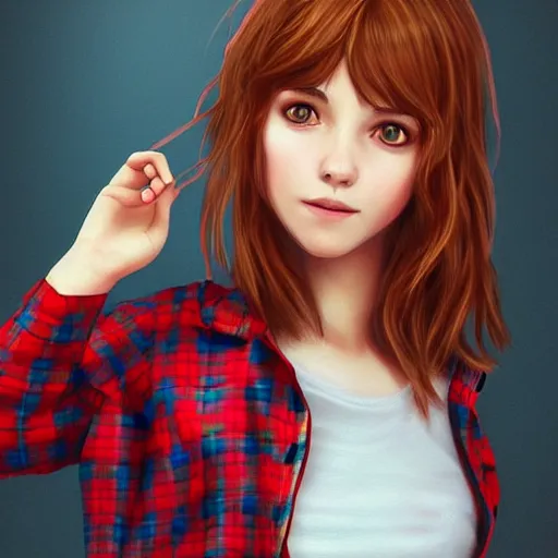 Prompt: max caulfield wearing a red plaid flannel shirt, fantasy, intricate, young girl, highly detailed, digital painting, artstation, concept art, smooth, sharp focus, illustration