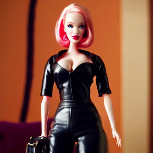 Image similar to amazing beautiful Christina Hendricks barbie doll wearing leather in the living room, film still from the movie directed by Denis Villeneuve , wide lens