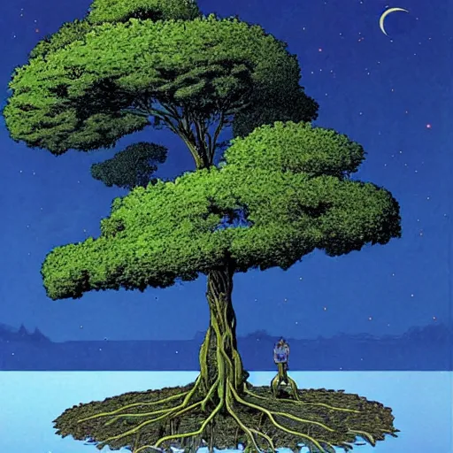Prompt: a large tree growing from a large floating crystalline solid, by moebius