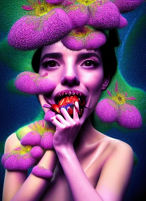 Image similar to hyper detailed 3d render like a chiariscuro Oil painting with focal blur - Aurora (Singer) looking adorable and seen in dynamic pose joyfully Eating of the Strangling network of yellowcake aerochrome and milky Fruit and Her delicate Hands hold of gossamer polyp blossoms bring iridescent fungal flowers whose spores black the foolish stars to her smirking mouth by Jacek Yerka, Mariusz Lewandowski, Houdini algorithmic generative render, Abstract brush strokes, Masterpiece, Edward Hopper and James Gilleard, Zdzislaw Beksinski, Mark Ryden, Wolfgang Lettl, hints of Yayoi Kasuma, octane render, 8k