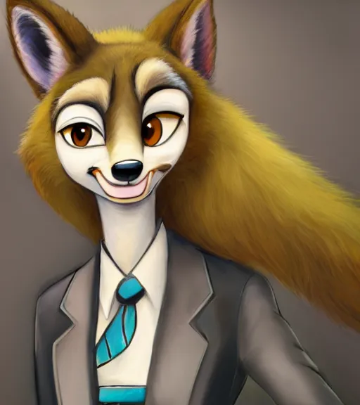 Image similar to oil painting of anthromorphic female wolf, in style of zootopia, zootopia, zootopia, fursona, furry, furaffinity, 4 k, deviantart, furry art, fursona art, wearing black business suit, business suit, in style of zootopia, wolf fursona, cyberpunk, female, expressive detailed feminine face,