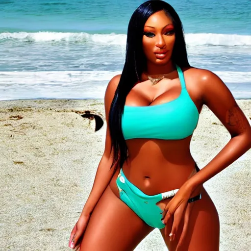 Prompt: megan thee stallion in beach setting, full body