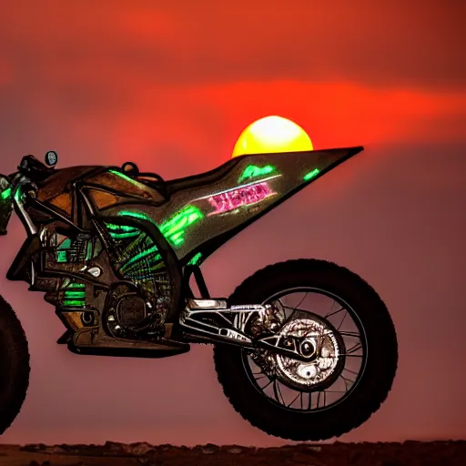 Prompt: a cyberpunk motocross cycle, sunset, 8 k, trending on artstation, exciting, action shot, total shot