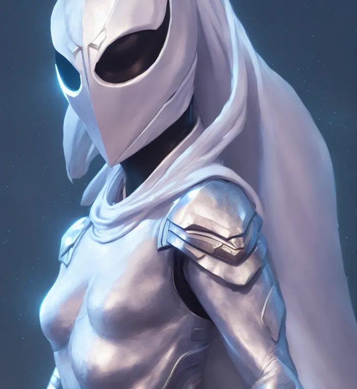 Image similar to female moon knight, hyper detailed, digital art, trending in artstation, cinematic lighting, studio quality, smooth render, unreal engine 5 rendered, octane rendered, art style by klimt and nixeu and ian sprigger and wlop and krenz cushart