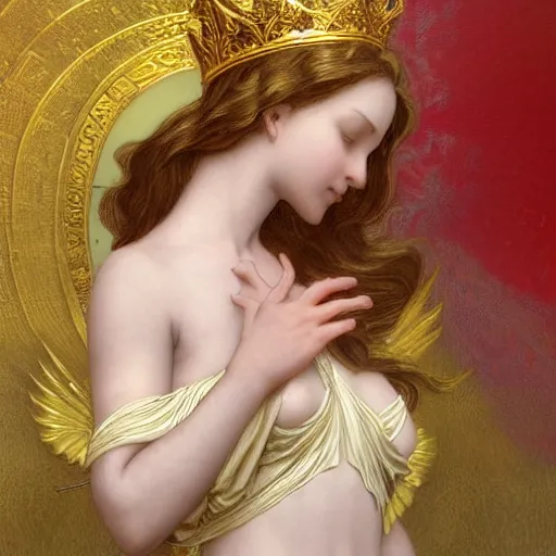 Image similar to Sitting angel girl that holding crown in hands, highly detailed, digital painting, artstation, concept art, smooth, sharp focus, illustration, ArtStation, Daz Studio, art by artgerm and greg rutkowski and alphonse mucha and J. C. Leyendecker and Edmund Blair Leighton and Katsuhiro Otomo and Geof Darrow and Phil hale and Ashley wood and Ilya repin and Charlie Bowate