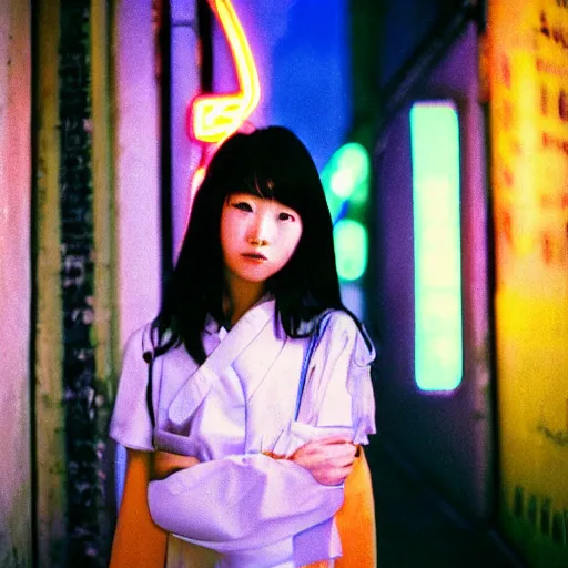 Image similar to 1990s perfect 8K HD professional cinematic photo of close-up japanese schoolgirl posing in alleyway with neon signs, at evening during rain, at instagram, Behance, Adobe Lightroom, with instagram filters, depth of field, taken with polaroid kodak portra