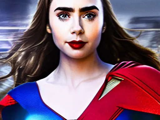 Prompt: a potrait of Lily Collins as Supergirl with man of steel suit style and full armour by Zack Snyder , 8k photorealistic, cinematic lighting, HD, high details, dramatic, trending on artstation, full body shot