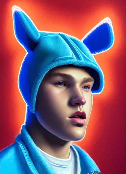 Image similar to portrait of high school senior boy named big moose, blonde short hair, jock, beefy, wide face, square jaw, square facial structure, blue varsity jacket with the word moose, intricate, elegant, glowing lights, highly detailed, digital painting, artstation, concept art, sharp focus, illustration, art by wlop, mars ravelo and greg rutkowski