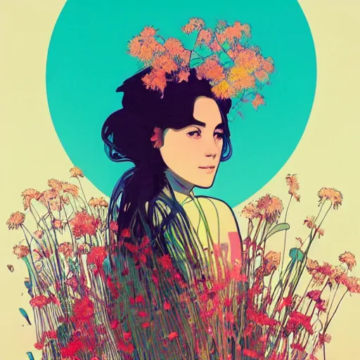 Image similar to a beautiful painting of a girl in a field of flowers by andy warhol and conrad roset! and alphonse mucha and nekro!. in style of oil on canvas. colorful comic, film noirs, symmetry, sharp lines, hyper detailed. octane render. trending on artstation