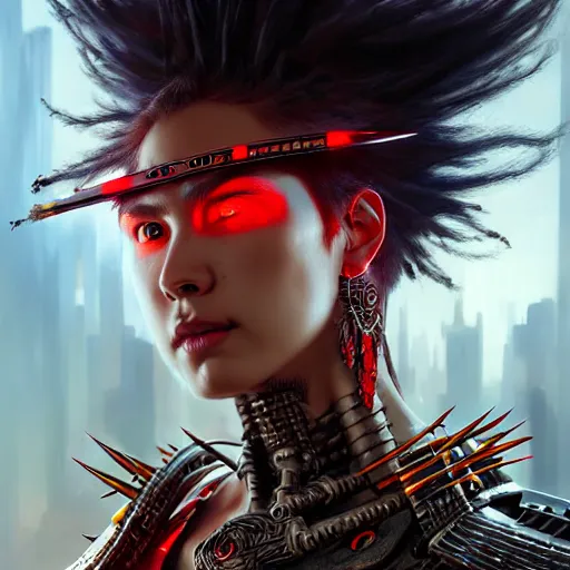 Prompt: portrait painting of a cyberpunk maori street samurai with spiky red hair, ultra realistic, concept art, intricate details, eerie, highly detailed, photorealistic, octane render, 8 k, unreal engine. art by artgerm and greg rutkowski and charlie bowater and magali villeneuve and alphonse mucha