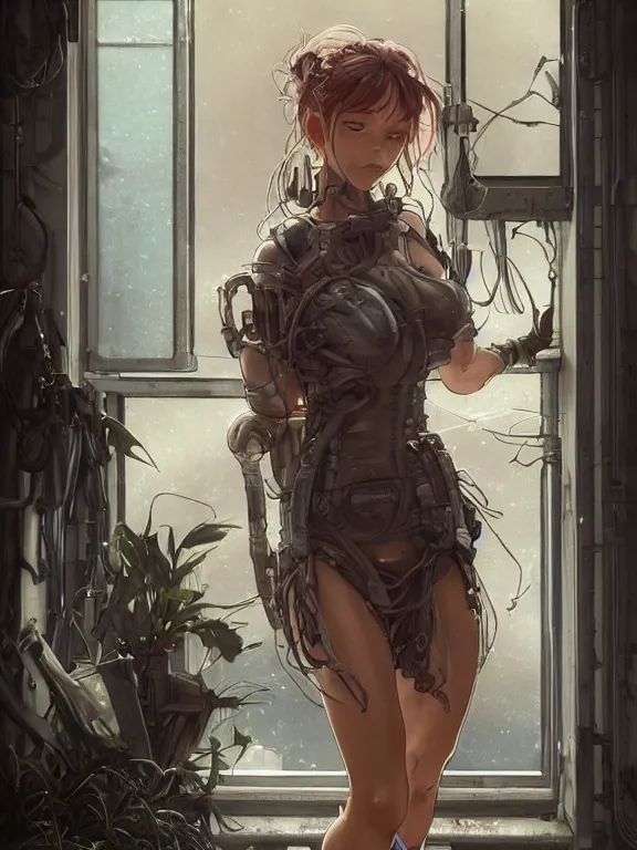 Image similar to full body picture of a biopunk powered suite girl looking at the camera, cynical, bored, being tired at war, beautiful and aesthetic, intricate, unreal engine, messy hair, highly detailed, detailed face, smooth, sharp focus, chiaroscuro, manga illustration, artgerm, greg rutkowski, alphonse mucha, young adult light novel cover art