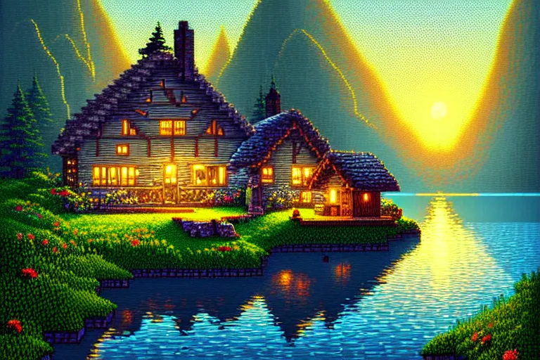 Prompt: view of a cottage above an azure lake, beautiful detailed pixelart by albertov, intricate details, beautiful, dithered gradients, volumetric lighting, cgsociety, artstation, 2 d, smooth, sharp, focus, illustration, art by artgerm, by dan mumford, hd
