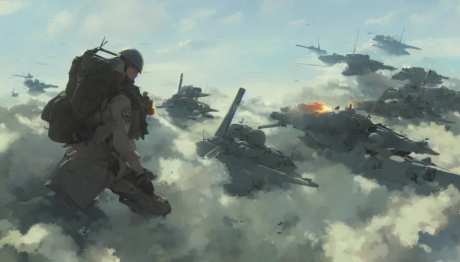 Image similar to normandy ww 2 battle, trending on pixiv fanbox, painted by greg rutkowski makoto shinkai takashi takeuchi studio ghibli