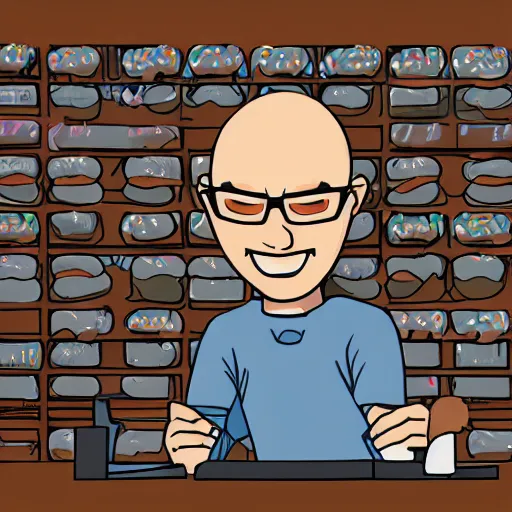 Prompt: bald man with glasses sits on a pile of donuts whilst playing elden ring on his PC, digital art
