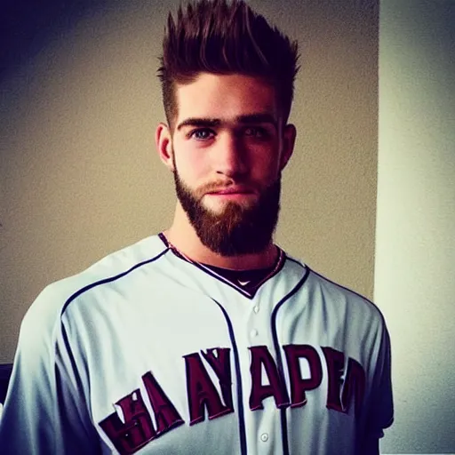 Image similar to “a realistic detailed photo of a guy who is an attractive humanoid who is half robot and half humanoid, who is a male android, baseball player Bryce Harper, shiny skin, posing like a statue, blank stare”