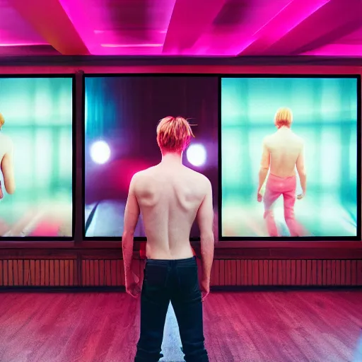 Image similar to kodak portra 4 0 0 photograph of a skinny blonde guy standing in a room with floor to ceiling hypno tv screens, back view, moody lighting, telephoto, 9 0 s vibe, blurry background, vaporwave colors!, faded!,