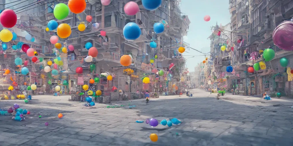 Prompt: a city street where everything is made from tiny inflatable balloons, hyper real, trending on Art Station, Octane render