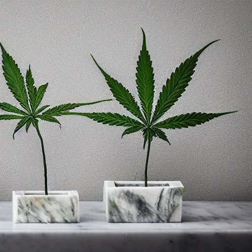 Image similar to A cannabis plant, made of marble and displayed as art