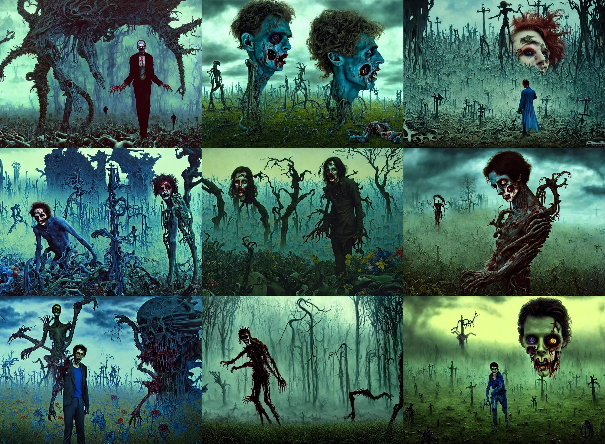 Prompt: realistic detailed portrait movie shot of an beautiful male zombie hiding, futuristic graveyard landscape background by jean deville, amano, yves tanguy, denis villeneuve, alphonse mucha, max ernst, caravaggio, roger dean, masterpiece, rich moody colours, blue eyes