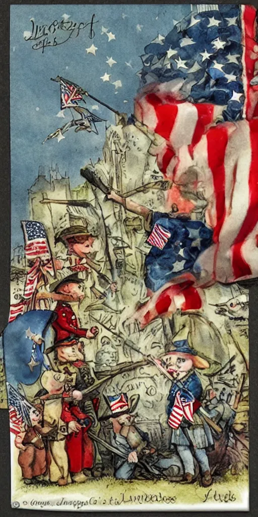 Prompt: a 1 7 7 6 4 th of july day greeting card scene with american and british soldiers by alexander jansson, joel fletcher, owen klatte, angie glocka, justin kohn, maurice sendak. 4 th of july day color palette.