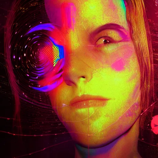 Image similar to glitchart young woman dreaming in vr, glitches, digital, hologram
