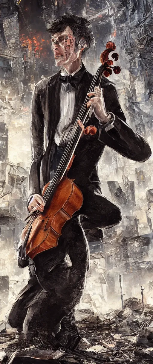 Prompt: a highly detailed portrait of a singular cellist in a tuxedo playing in the rubble of a burning cyberpunk city, sorrow, pain, beautifully lit, concept art, sharp focus, in the style of steve argyle and pascal blanche, artstation HD, artgerm, octane render