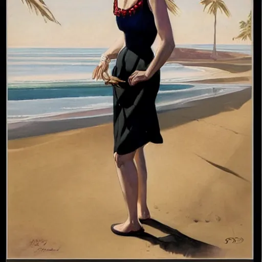 Prompt: woman in black dress on the beach, leyendecker style,