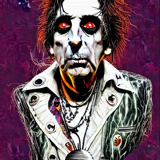 Image similar to graphic illustration, creative design, alice cooper, biopunk, francis bacon, highly detailed, hunter s thompson, mixed media