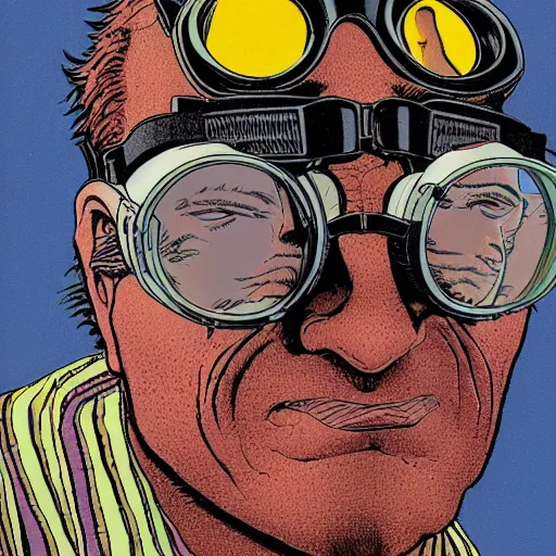 Image similar to close up portrait of goth nerd wearing goggles, by geof darrow, geof darrow art,