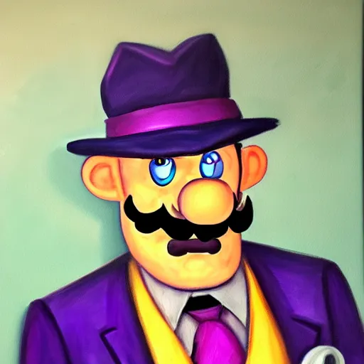 Image similar to waluigi as a mobster, highly detailed, oil painting,