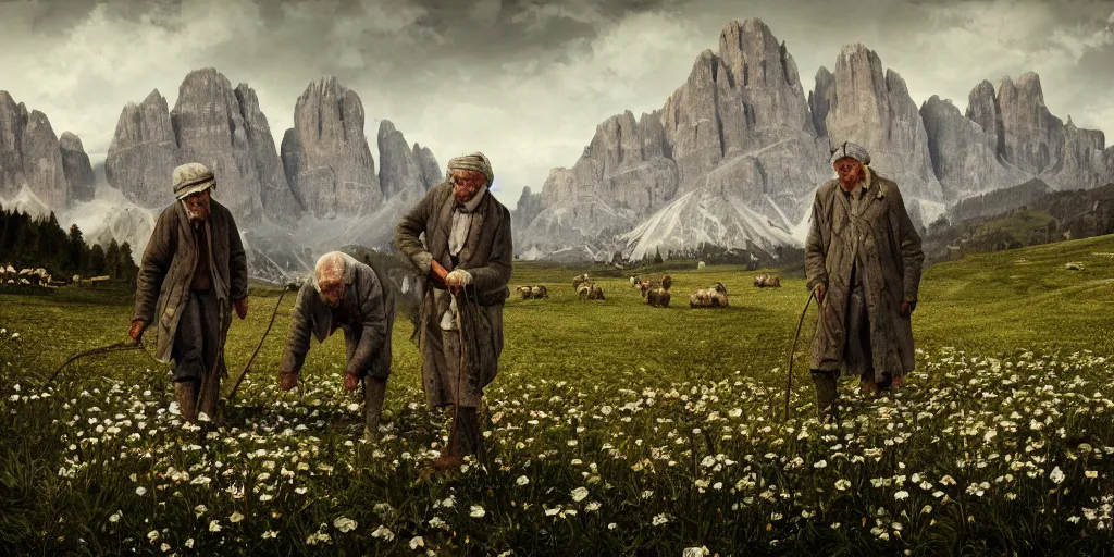 Prompt: old farmers turning into edelweiss monsters ,roots and hay coat, dolomites in background, dark, eerie, despair, portrait photography, artstation, digital art, adward winning, concept art, artstation, highly detailed, sharp focus, by caravaggio