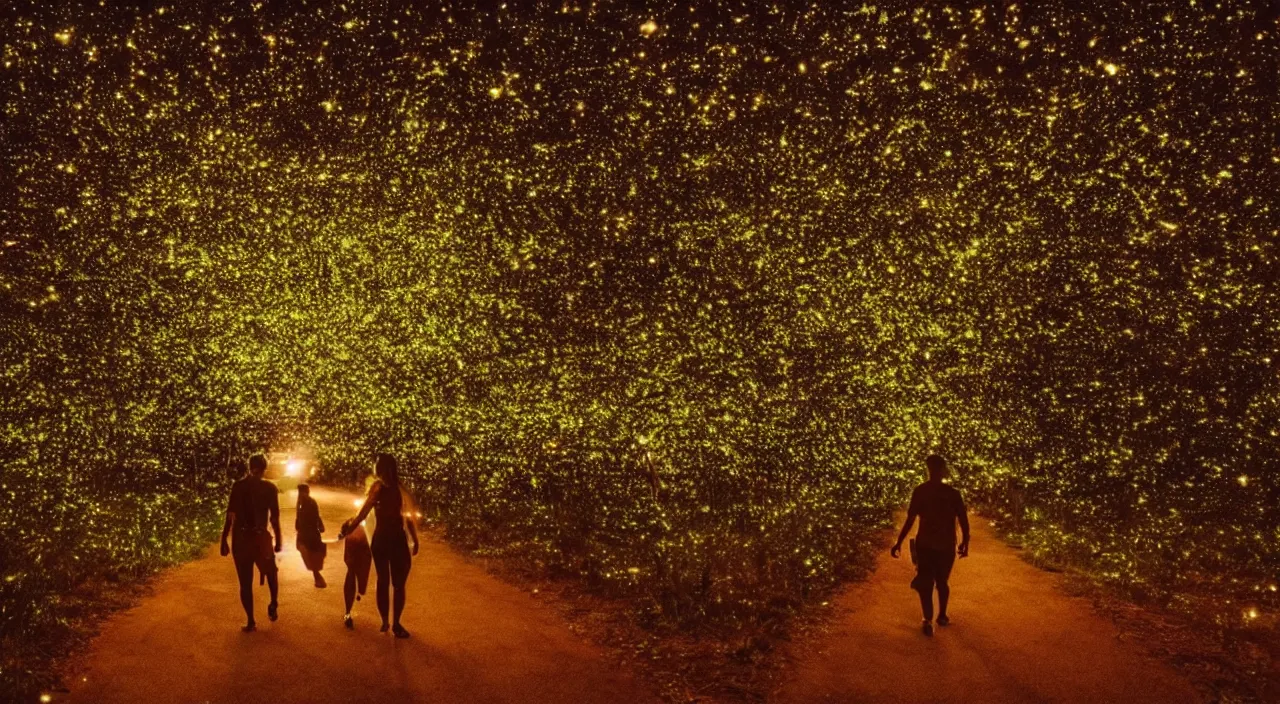 Image similar to a couple walking in the middle of fireflies the color of the moon, cinematic lighting, wow, establishing shot