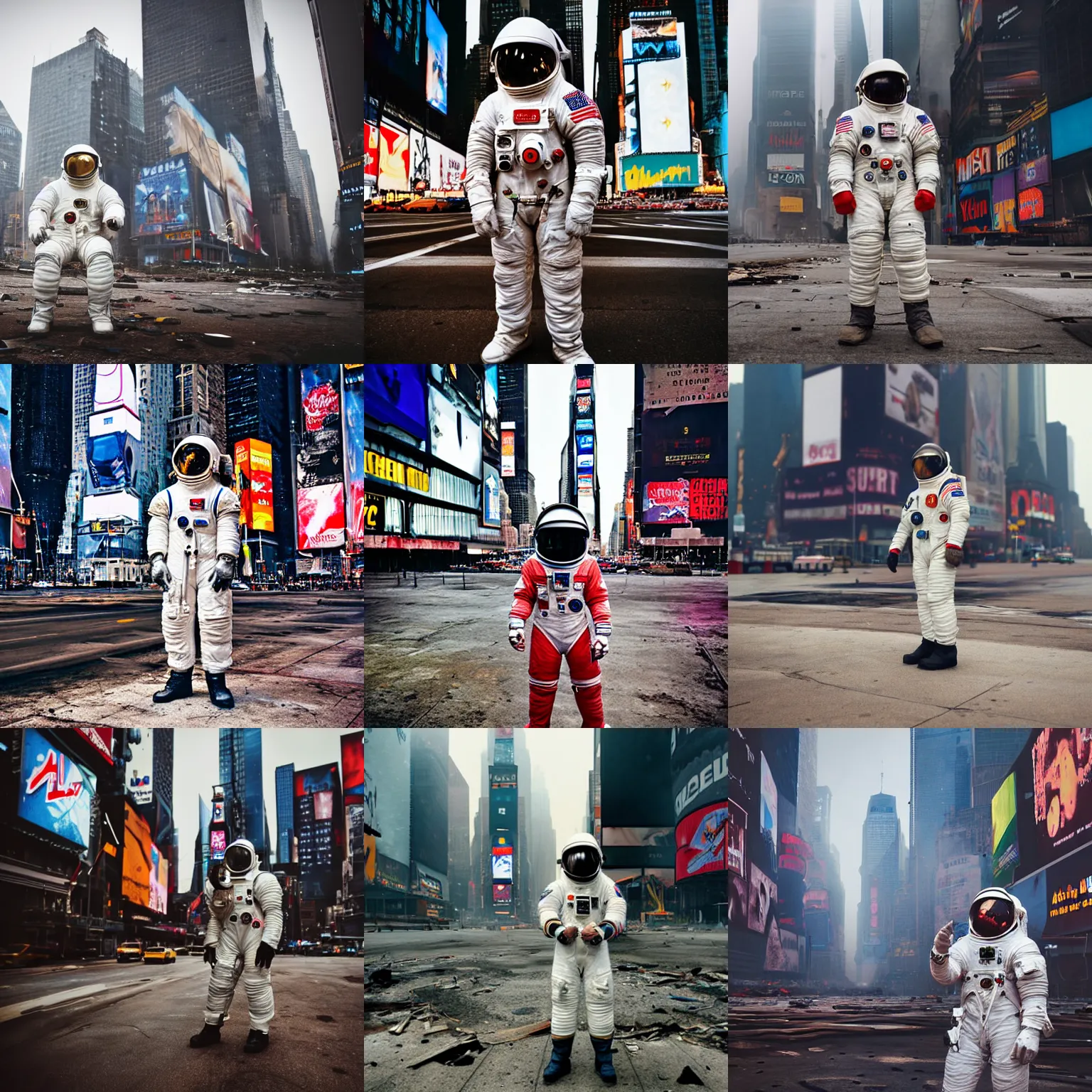 Prompt: american white spacesuit astronaut with oversized helmet in postapocalyptic abandoned destroyed times square, telephoto, bokeh, overcast, fog upclose, by steve mccurry, by nasa