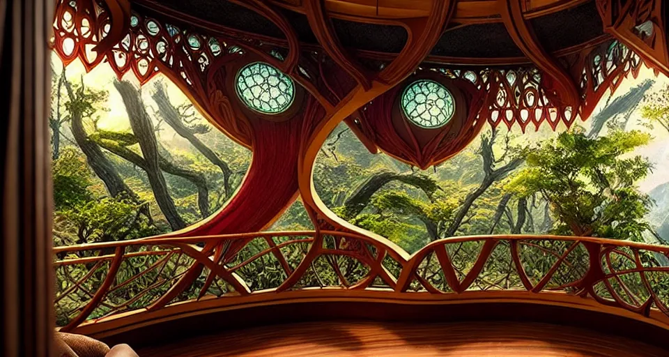 Image similar to An incredibly beautiful scene from a 2022 Marvel film featuring a cozy art nouveau reading nook balcony in a fantasy treehouse interior. 8K UHD.