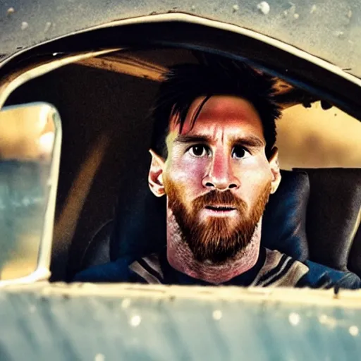 Image similar to Lionel Messi in Mad Max Fury Road, cinematic, sharp focus, movie still, atmospheric, 8k,