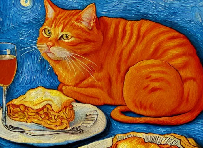 Image similar to detailed realistic realism painting of orange tabby cat eating lasagna at dusk, in the style of vincent van gogh and salvador dali and leonardo da vinci