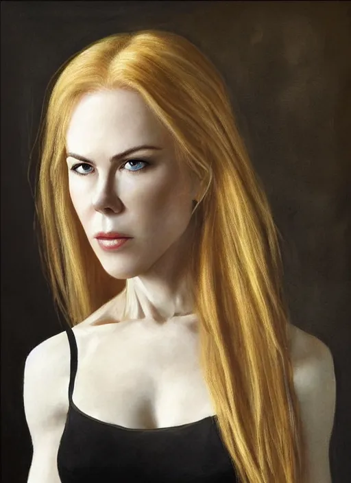 Prompt: girl looks like nicole kidman with pale white skin and long blonde hair, muscular upper body, beautiful highly detailed face, complementary lighting, backlit, black eyeshadow, dark eyes, adventure, dramatic lighting, landscape background, beautiful painting by artgerm and greg rutkowski and raymond swanland