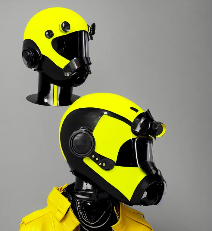 Image similar to futuristic yellow racing helmet with headset and chrome visor, a fusion of punk, cybertech and mad max aesthetics, neon trims, by kawakubo rei, takada kenzo and laurie greasley