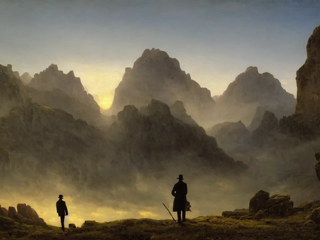 Image similar to romantic painting, wide shot of a lone gentleman in 1 9 th century clothing ( watching an enormous television screen playing a football game )!!!!!! in front of a mountain scene at sunrise, highly detailed, sublime, hyperrealistic, painted by caspar david friedrich and albert bierstadt, trending on artstation 8 k