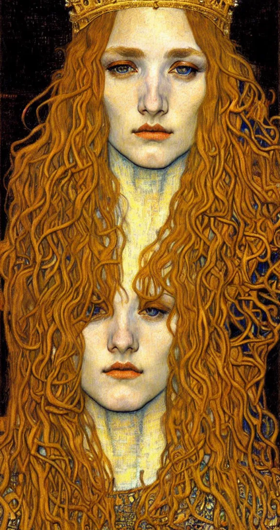 Image similar to detailed realistic beautiful young medieval queen face portrait by jean delville, gustav klimt and vincent van gogh, art nouveau, symbolist, visionary, gothic, pre - raphaelite, muted earthy colors, desaturated