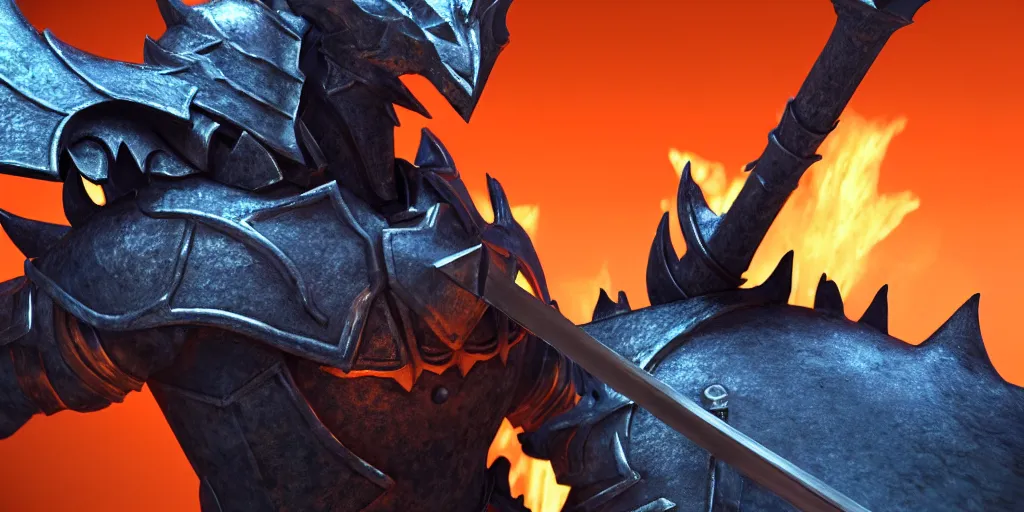 Prompt: closeup of a 3 d model of knight with a lance and shield in the style of final fantasy and a 3 d model dragon in the style of monster hunter breathing fire on him, realistic, fisheye lense, blue and orange lighting, rim lighting, cinematic feel, in a forest, art by unreal engine 4, game art, trending on art station