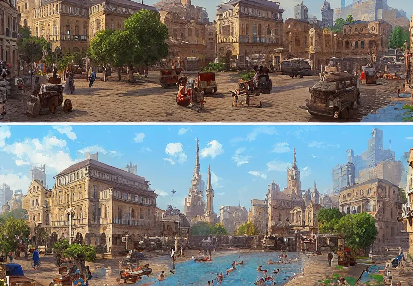 Image similar to pixel art of an old european city, summer season, a realistic digital painting by greg rutkowski and james gurney, trending on artstation, highly detailed