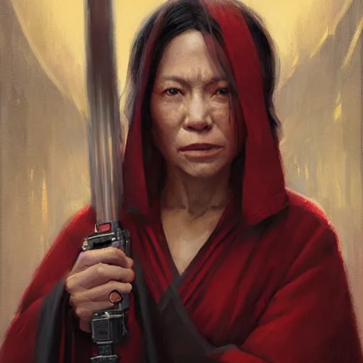 Image similar to portrait of a woman by greg rutkowski, jedi queen, half asian, black bob hair, star wars expanded universe, she is about 5 0 years old, wearing jedi red robes.