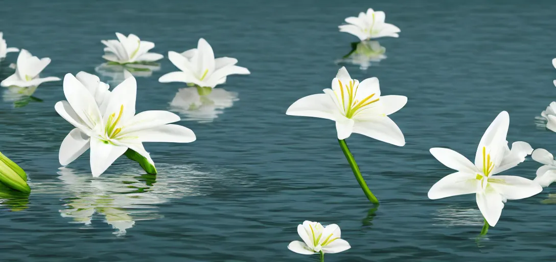 Prompt: lilys floating on a lake, panoramic, concept art, high detail, lake, white flower lily, white petals, gentle, peaceful, beautiful,