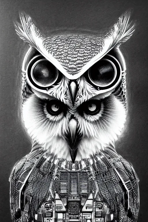 Image similar to detailed pencil drawing of an cyberpunk owl, she has mechanical wings, and the left eye is the lens of a camera